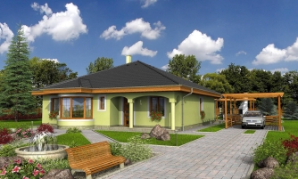 Projet de maison à un étage avec terrasse couverte et espace repas courbé.